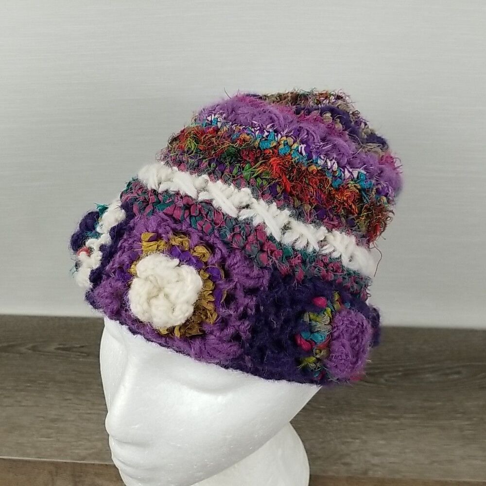 The Collection Royal Beanie Hat Handmade Flower Pattern Wool Patchwork Gypsy